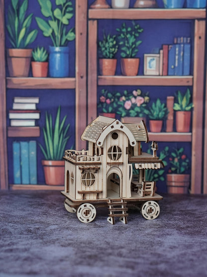 3D Wooden Puzzle Mobile Home on Wheels – DIY Café Bar Model Kit, Handcrafted Miniature House Assembly, Unique Desk Decoration Gift