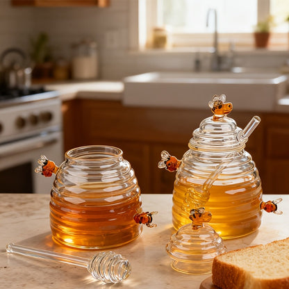 480ml Beehive-Shaped Glass Storage Jar with Honeycomb Accents, Matching Lid and Spiral-Ended Stirrer