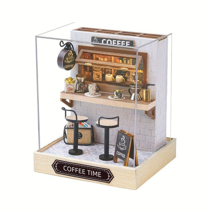 DIY Miniature Shop Dollhouse Kit with Dust Cover, Wooden Mini Store Assembly Set, 4 Themes Sakura Noodles Candy Atelier Coffee