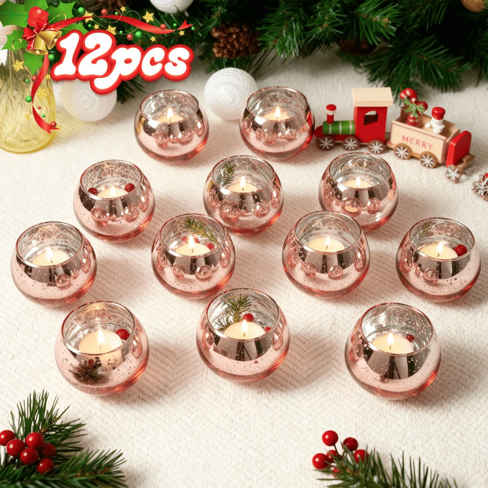 Round Glass Votive Candle Holder Sets in Gold, Pink, Silver or Green with 6-, 12- or 24-Piece Options