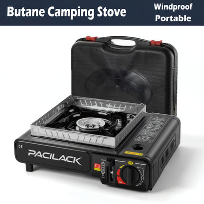 Portable Butane Tabletop Camping Stove in Black or Red with Carrying Case, Windscreen and 34 x 28 cm Base
