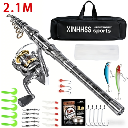Telescopic Fishing Rod & Reel Combo – Carbon Fiber Collapsible Fishing Pole Full Kit with Carrier Bag for Travel Saltwater Freshwater