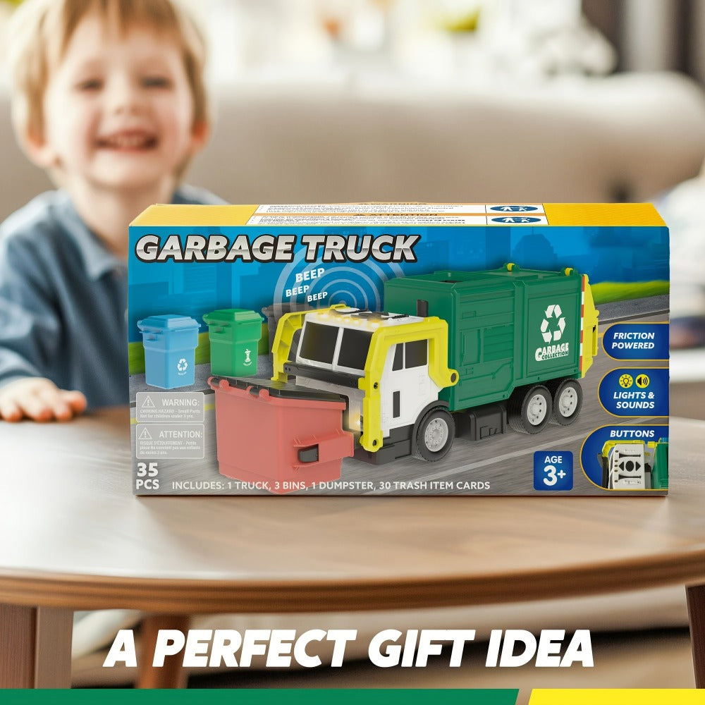 Garbage Truck Toy Set 16-Inch Large Friction-Powered with Lights & Sounds, Color-Coded Trash Bins