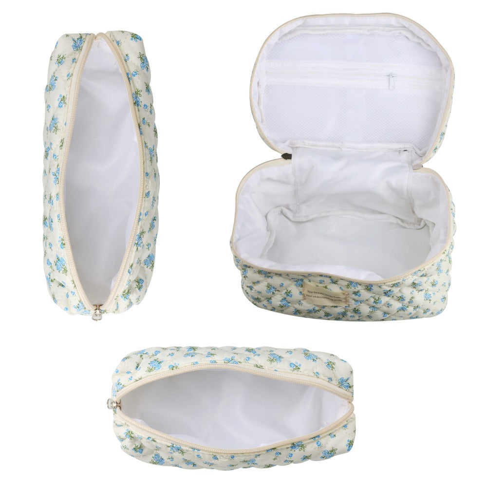 Quilted Floral Makeup Bag Set 3PCS Large Capacity Dual Layer Cotton Cosmetic Bags Coquette Aesthetic Travel Toiletry Organizer Gift