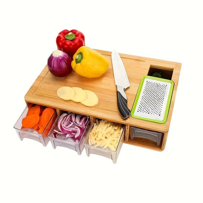 Bamboo Cutting Board with Food Container, Cheese Grater & Juice Groove – Large Wooden Chopping Board Set with Storage Box