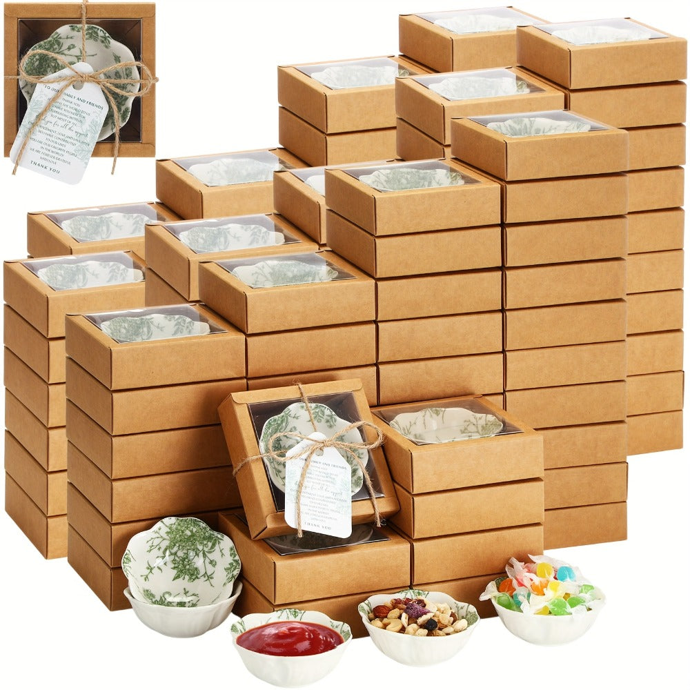 Wedding Favors for Guests 80 Pack Small Ceramic Bowls Bulk Set | 3.3 Inch Green Verdure Mini Dipping Bowl Sauce Dish with Cards & Box