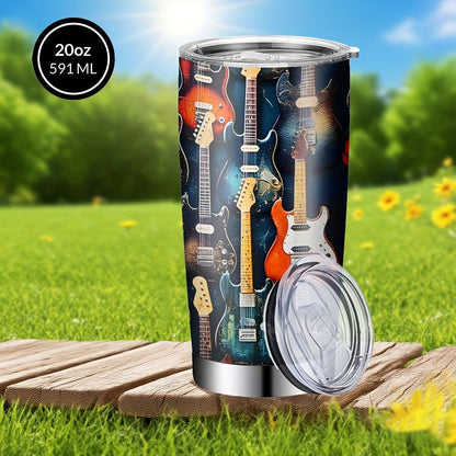 Insulated Tumbler 20oz Guitar Pattern Stainless Steel Travel Mug with Lid and Straw Double for Entryways, Bedrooms and Living Spaces