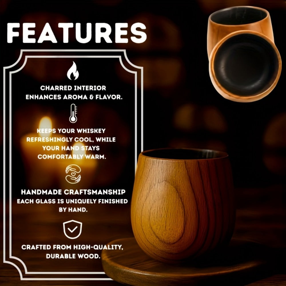 Charred Wooden Bourbon Whiskey Glass Set, 2 Jujube Wood Old Fashioned Tumbler Glasses & 8 Granite Whiskey Stones