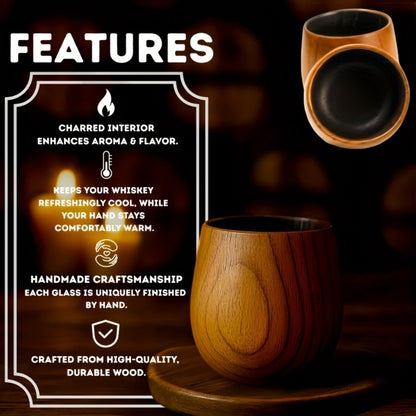 Charred Wooden Bourbon Whiskey Glass Set, 2 Jujube Wood Old Fashioned Tumbler Glasses & 8 Granite Whiskey Stones