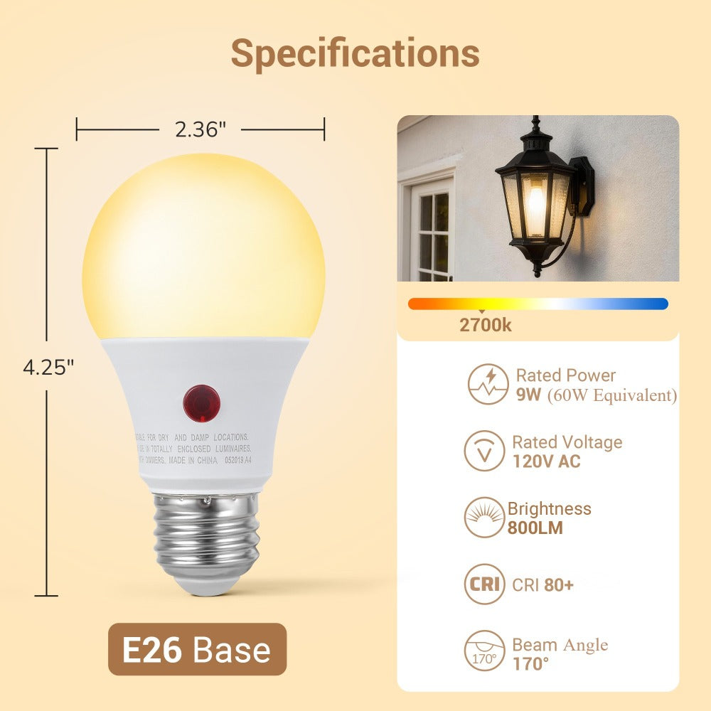 Dusk to Dawn Light Bulbs, A19 E26 Auto On Off Photocell Sensor LED Bulb 9W 60W Equivalent, for Home, Desk and Accent Lighting