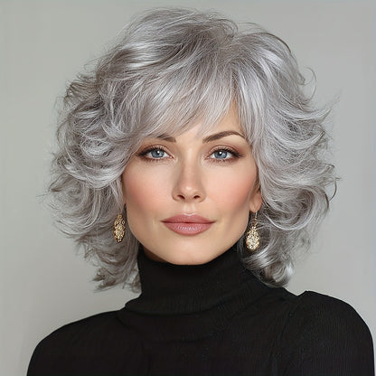 Synthetic Wig 12-Inch Silver Grey Short Curls with Bangs and Adjustable Rose Net Cap for Cosplay Looks