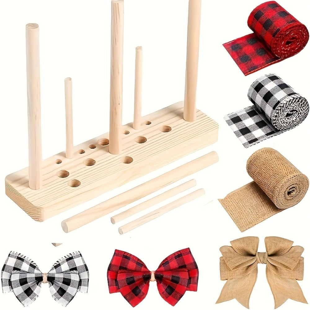 9-Piece Wooden Wreath & Bow Maker Crafting Tool Set, DIY Floral Wreath Molds with Wooden Sticks Rope Checkered Fabric