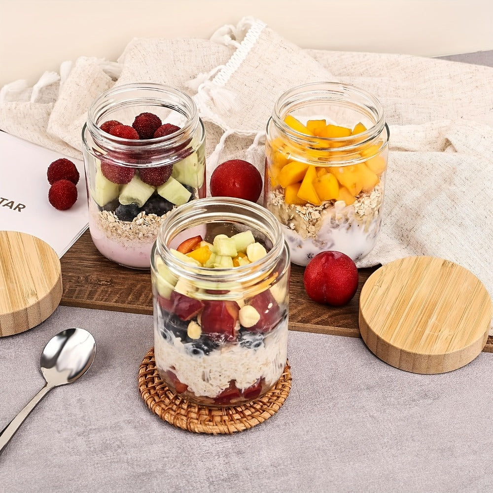 Glass Jar Food Storage Organizer with Bamboo Lids, Wide Mouths, Four-Pack 16oz or Six-Pack Spoon Sets