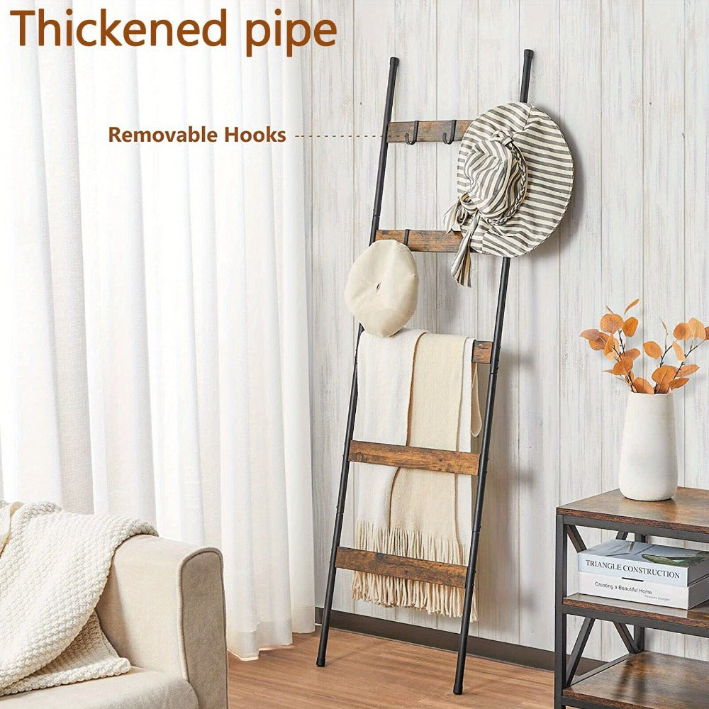Blanket Ladder Storage Organizer 5-Tier Metal Rack with 10 Detachable Hooks in Brown or Black