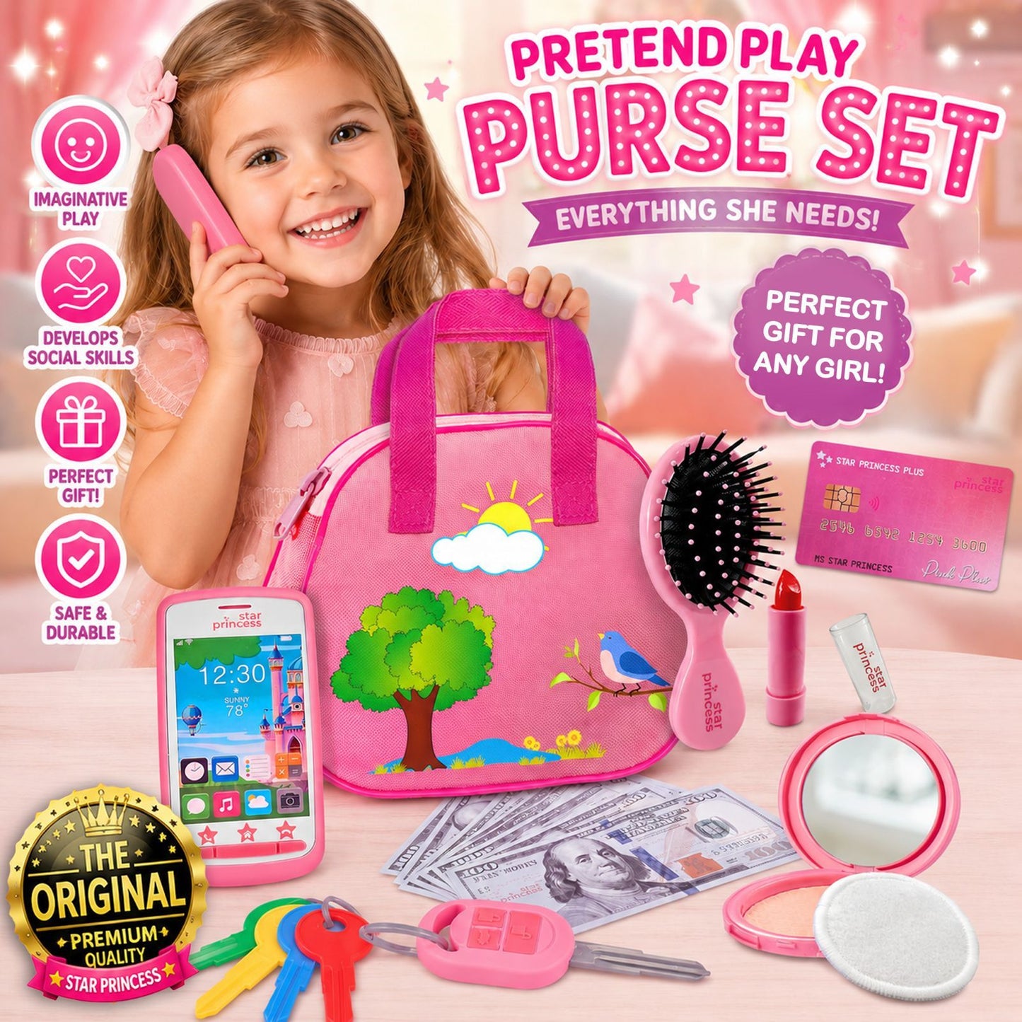 Girls Play Purse Set with Accessories 9pcs, Pretend Makeup, Toy Keys, Fake Phone & Credit Card, Toddler Dress Up Handbag Role Play Toy