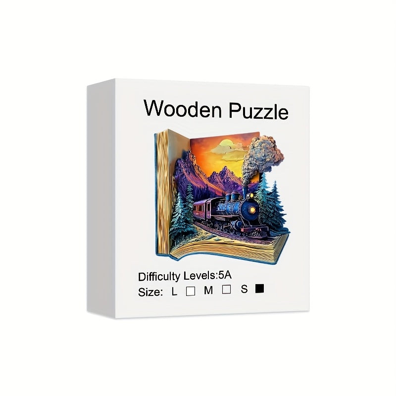 Galloping Train Wooden Jigsaw Puzzle with Book-Style Scene and 5.7 or 11.2 Inch Size Options