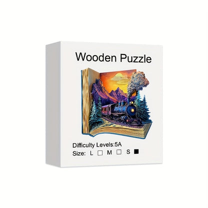 Galloping Train Wooden Jigsaw Puzzle with Book-Style Scene and 5.7 or 11.2 Inch Size Options