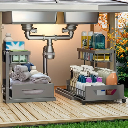 Two-Tier Pull-Out Cabinet Organizer with Upper and Lower Sliding Trays in Grey, Black or White Package Options