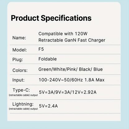 Dual Cable GaN Charger 120W with Built-In 47in Type-C & Lightning Retractable Cables, Foldable Plug – Tangle-Free Fast Charging USB-C Wall