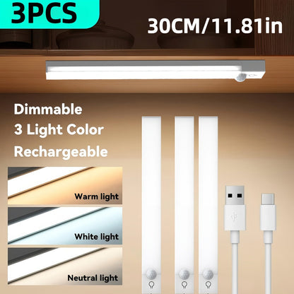 Three-Pack Motion Sensor Cabinet Lights with USB-C Charging, Three Light Colors and 7.87- or 11.81-Inch Options