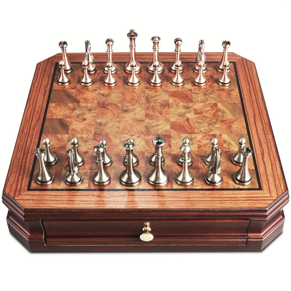 Wooden Chess Set with Metal Pieces & Storage Drawers 12 Inch – 2.5" Kings 2 Extra Queens Vintage Mahogany Board for Adults Beginners