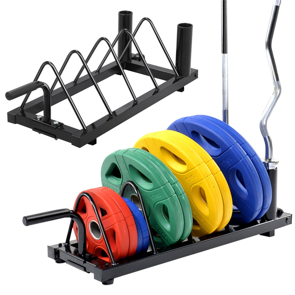 Barbell & Weight Plate Storage Rack with Wheels & Handle – 300 lb Capacity, 2 Barbell Holders, 4 Plate Slots