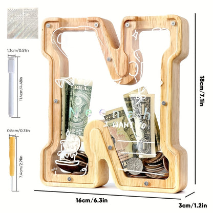 Alphabet Wooden Money Bank for Adults A to Z Letter Piggy Bank – Personalized Coin Bank Home Decor Craft Art Decoration