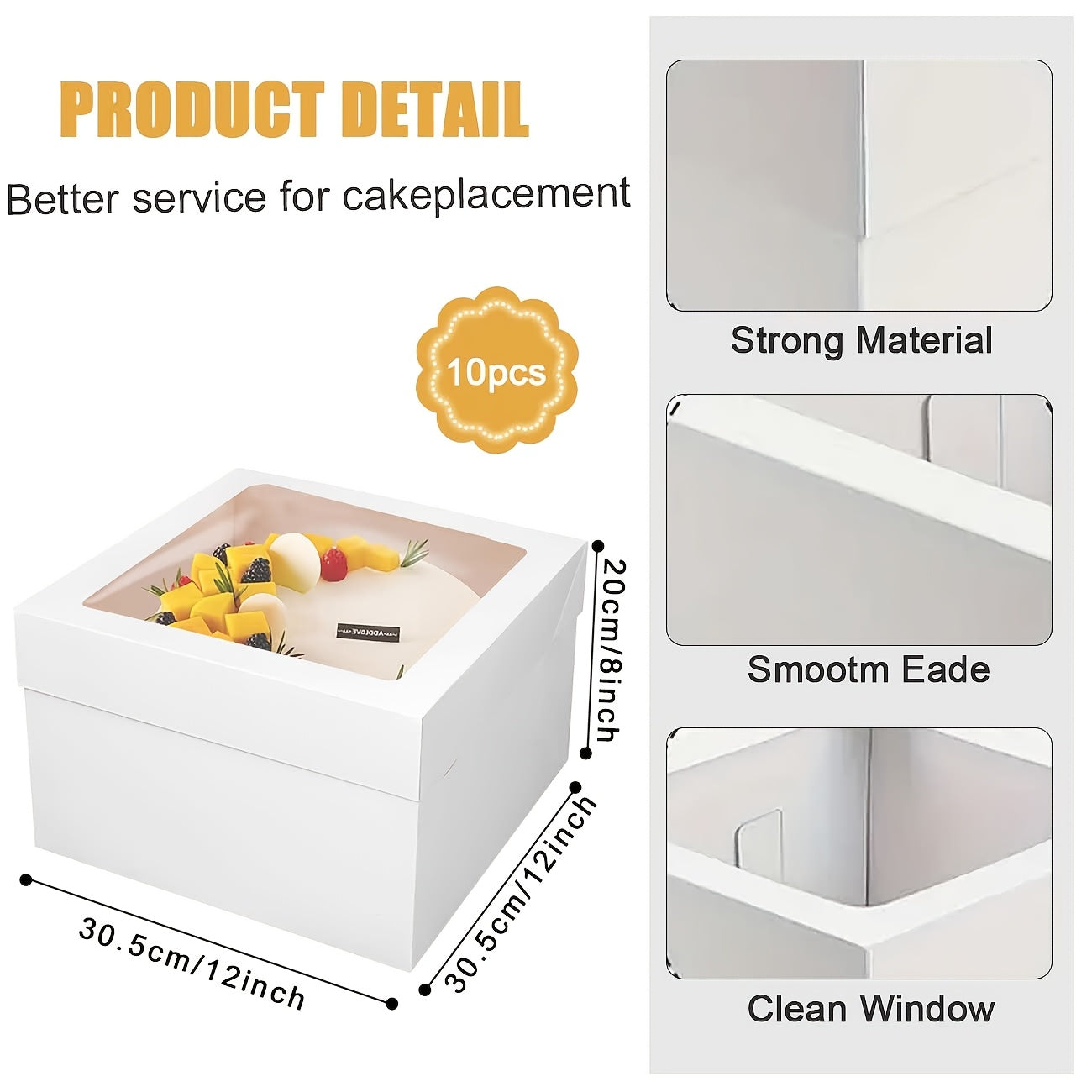 Cake Boxes with Window 12x12x8 Inch - 10 Pack White Lid Disposable Cake Box - Large Bakery for Entryways, Bedrooms and Living Spaces
