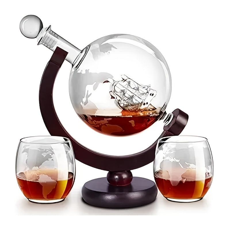 Whiskey Decanter Set with Glasses and Wooden Stand Ball Globe 28oz or Sailboat 44oz Etched for Home Cooking, Dining and Outdoor Meals