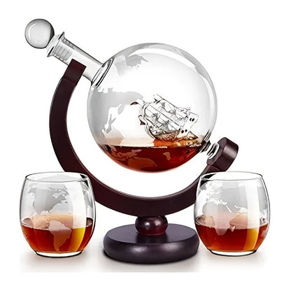 Whiskey Decanter Set with Glasses and Wooden Stand Ball Globe 28oz or Sailboat 44oz Etched for Home Cooking, Dining and Outdoor Meals