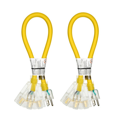 Extension Cord Splitter Tri-Tap 2-Pack, 15A SJTW Contractor Grade, LED Lighted Plug, 2ft Yellow Jacket for Outdoor & Job Site Use