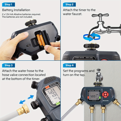 Four-Zone Digital Sprinkler Timer with Independent Water Outlets, LCD Screen, Manual Control and Rain-Delay Mode