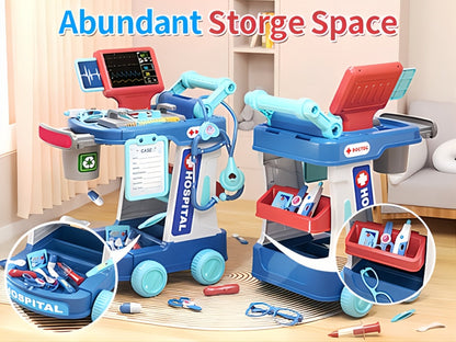 Kids Doctor Kit with Medical Cart Set, Movable Toy Trolley, Stethoscope, Thermometer & Accessories