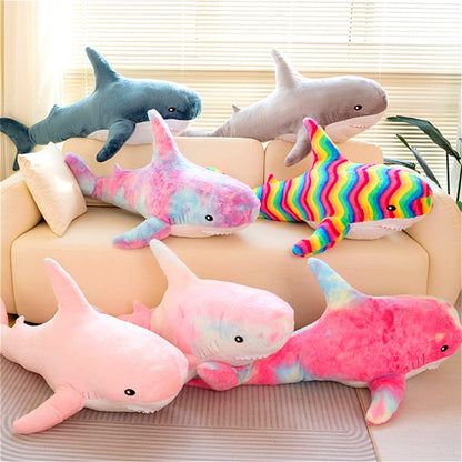 Plush Toy Jumbo Shark Pillow 24-Inch in Blue, Grey, Blue-Pink or Rainbow Colorways and Ocean Decor
