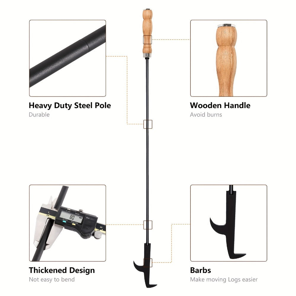 Fire Pit Poker 32 Inch, Wrought Iron Fire Poker Stick with Wooden Handle and Barb Hook, Collapsible Campfire Poker for Fireplace