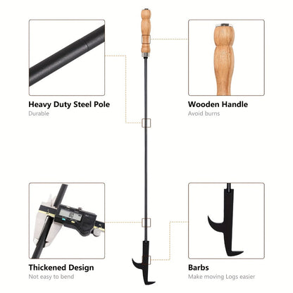 Fire Pit Poker 32 Inch, Wrought Iron Fire Poker Stick with Wooden Handle and Barb Hook, Collapsible Campfire Poker for Fireplace