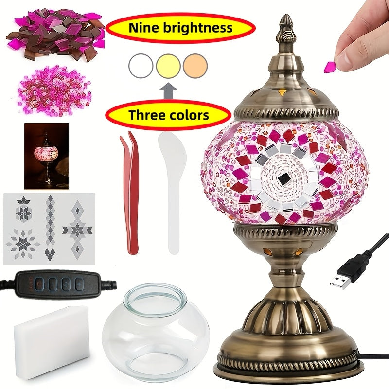 DIY Mosaic Lamp Kit Handmade Glass Table Lamp, Colorful Stained Glass Bedside Night Light with Antique Bronze Base