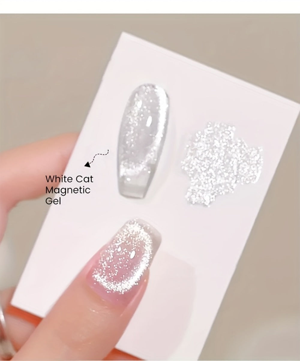 White Glitter Cat Eye Gel Polish Set 2pc Sparkling Magnetic with Stick Included | Soak Off UV LED 0.51oz Each Semi-Permanent 3D Nail Art |