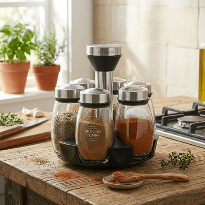 Glass Spice Jar Set with Rotating Rack, Airtight Kitchen Spice Organizer with 360° Stainless Steel Stand