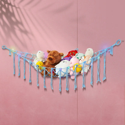 Stuffed Animal Storage Hammock with Lights Corner Hanging Toy Net Organizer for Nursery for Entryways, Bedrooms and Living Spaces
