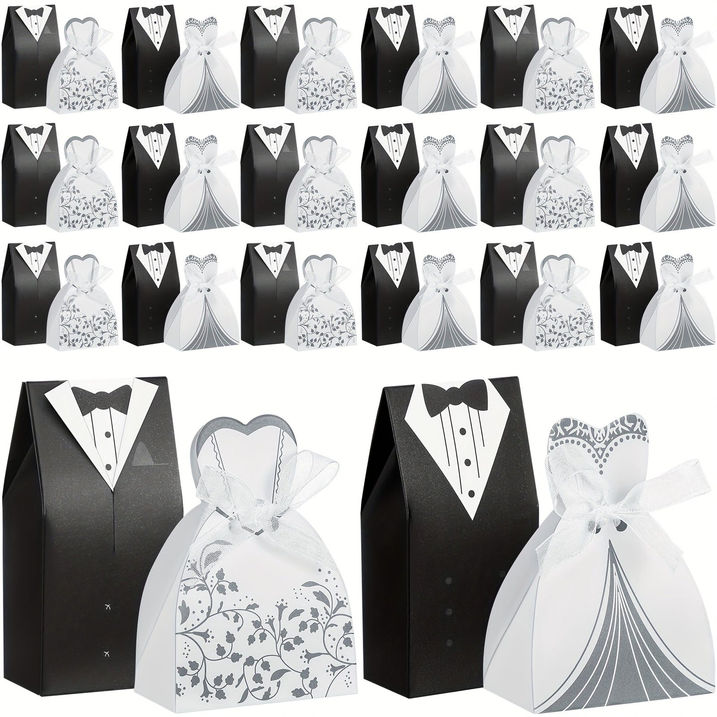 100 Pcs Wedding Party Favor Boxes Dress & Tuxedo Candy Gift Boxes with Ribbon, Vintage Bridal Shower Birthday Bags Bulk Decoration