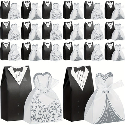 100 Pcs Wedding Party Favor Boxes Dress & Tuxedo Candy Gift Boxes with Ribbon, Vintage Bridal Shower Birthday Bags Bulk Decoration