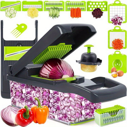 Vegetable Chopper 16-in-1 Manual Food Chopper Set, 8 Interchangeable Blades with Container, Grater & Strainer