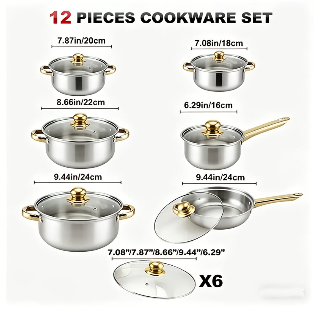 Stainless Steel Non-Stick Cookware Set 10/12pcs, 316 Grade Steel Frying Pan, Stockpot & Milk Pot with Lid