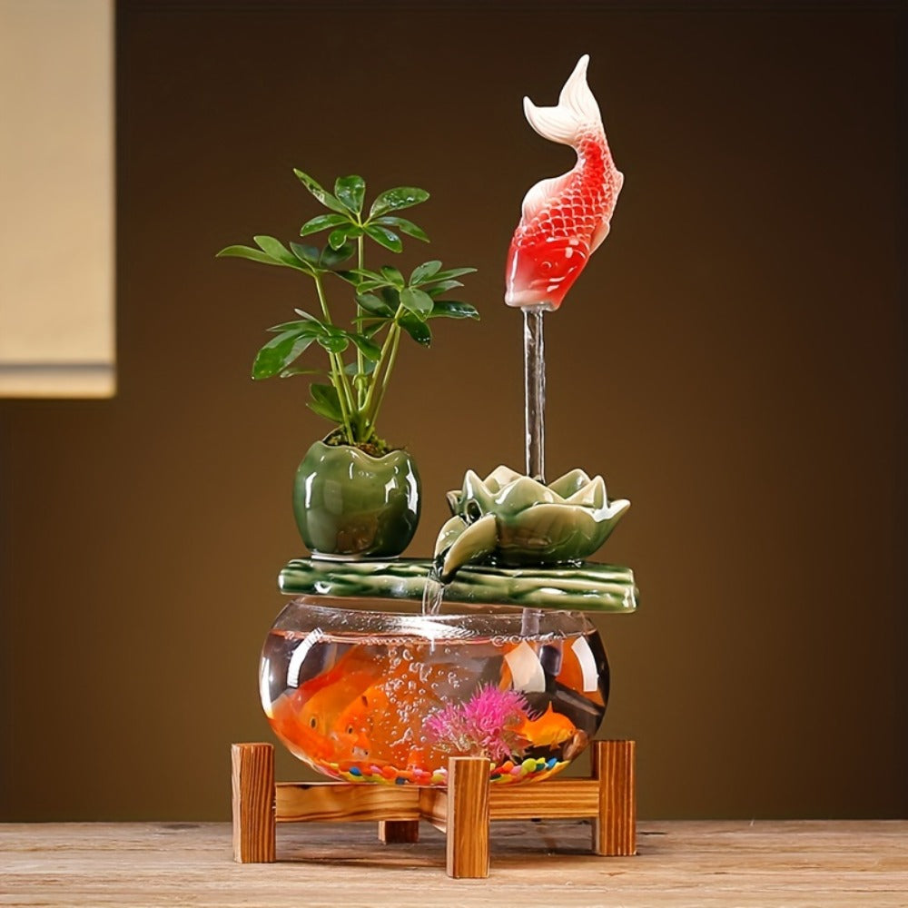 USB Desktop Fish Waterfall Fountain with Glass Bowl, Relaxing Indoor Water Feature Tabletop Decor Zen Fountain Gift