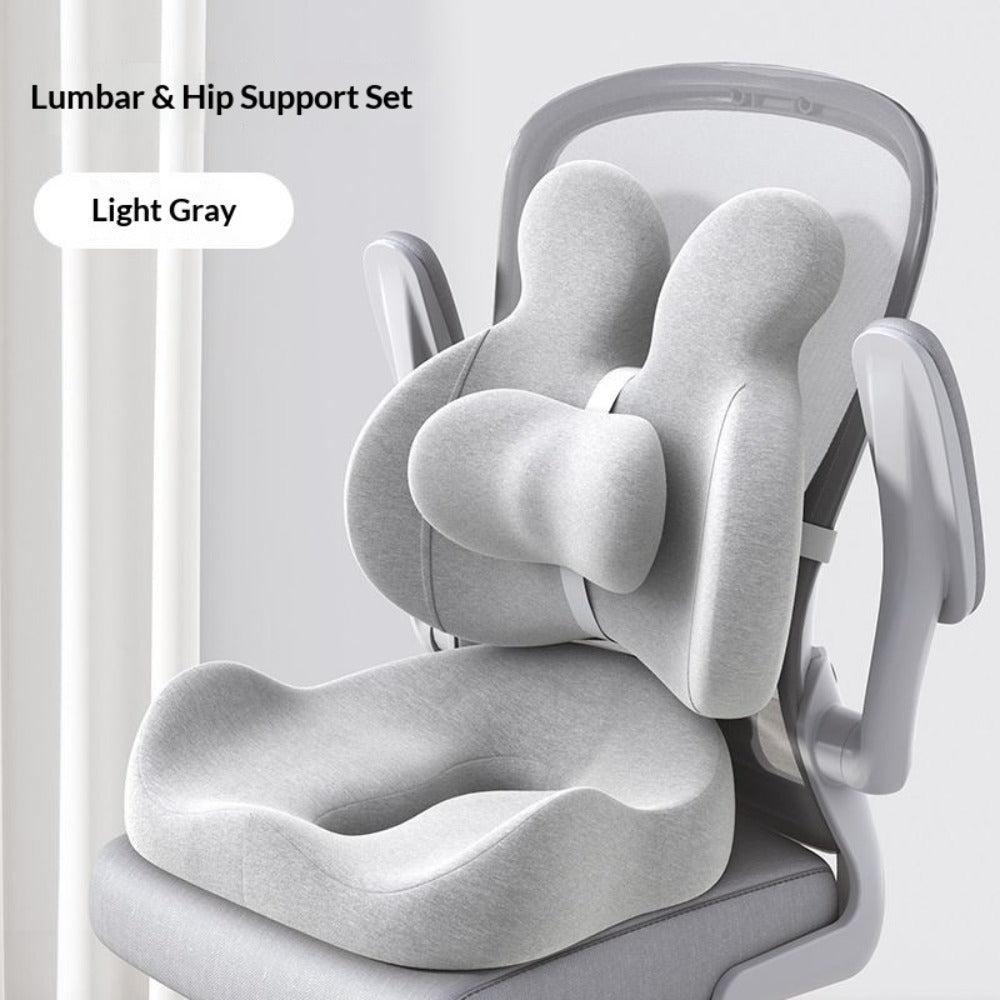 Two-Piece Contoured Seat and Lumbar Cushion Set with Adjustable Chair Straps and Three Colors