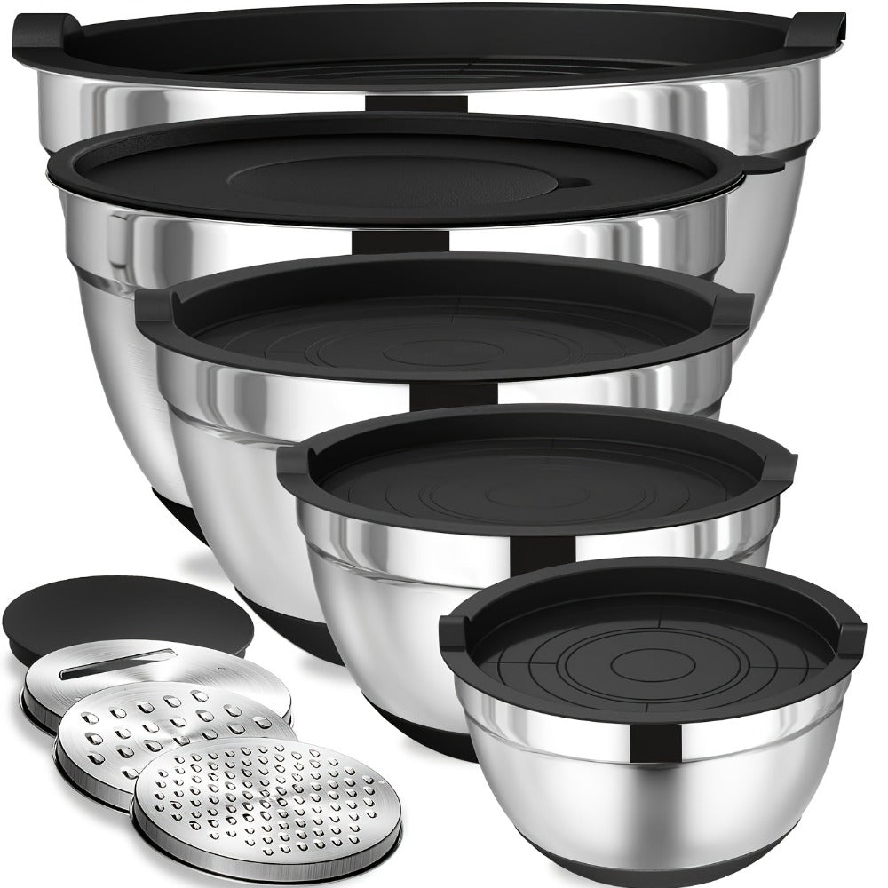 8PCS/Set-Labeled Mixing Bowl Set with Black Lids, Nested Bowls and Three Removable Grater Inserts