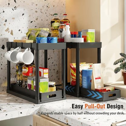 Under Sink Storage Organizer 2-Piece Double-Tier Sliding Basket with 8 Hooks in Four Color Styles