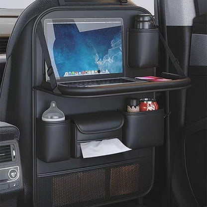 Black PU Leather Car Seat Back Organizer with Laptop Sleeve, Mesh Pockets, Bottle Holders and Foldable Storage