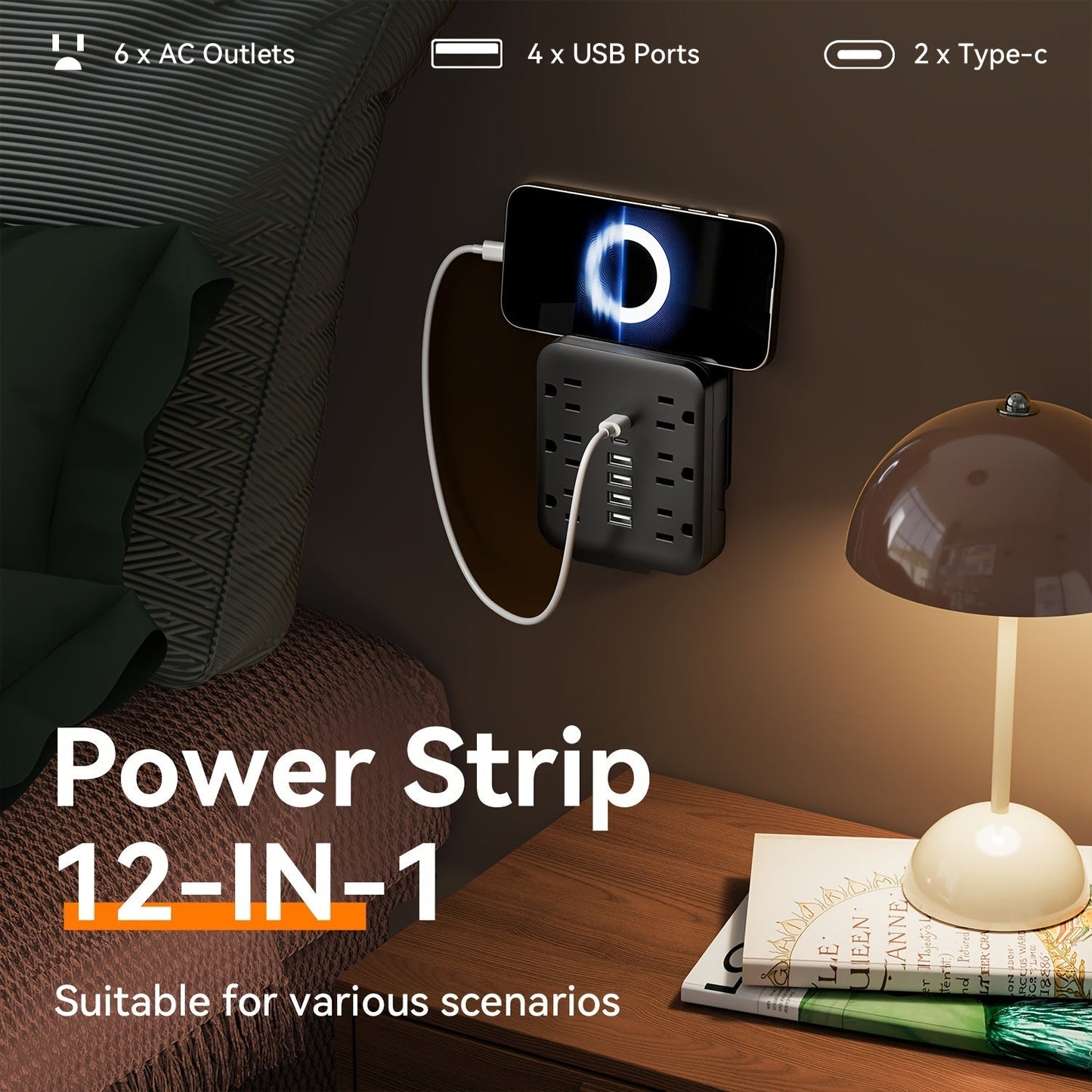 Power Strip Direct-Wall 12-in-1 Outlet Extender with 6 AC Outlets, 4 USB-A, 2 USB-C and 110–130V Input